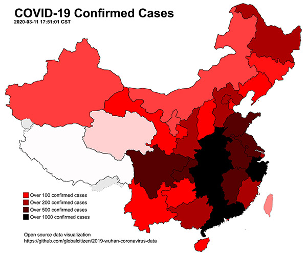 COVID-19 China map.