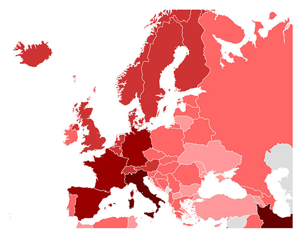 COVID-19 map of Europe.