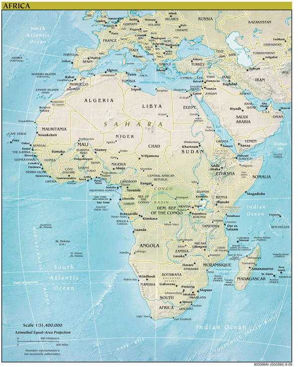 Africa continent detailed relief and political map.