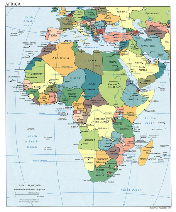 Detailed political map of Africa with all capitals.