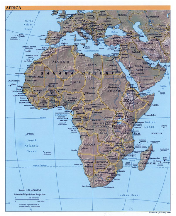 Detailed political map of Africa with relief - 2000.