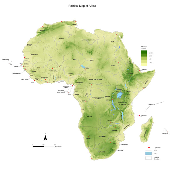 High resolution detailed physical map of Africa.