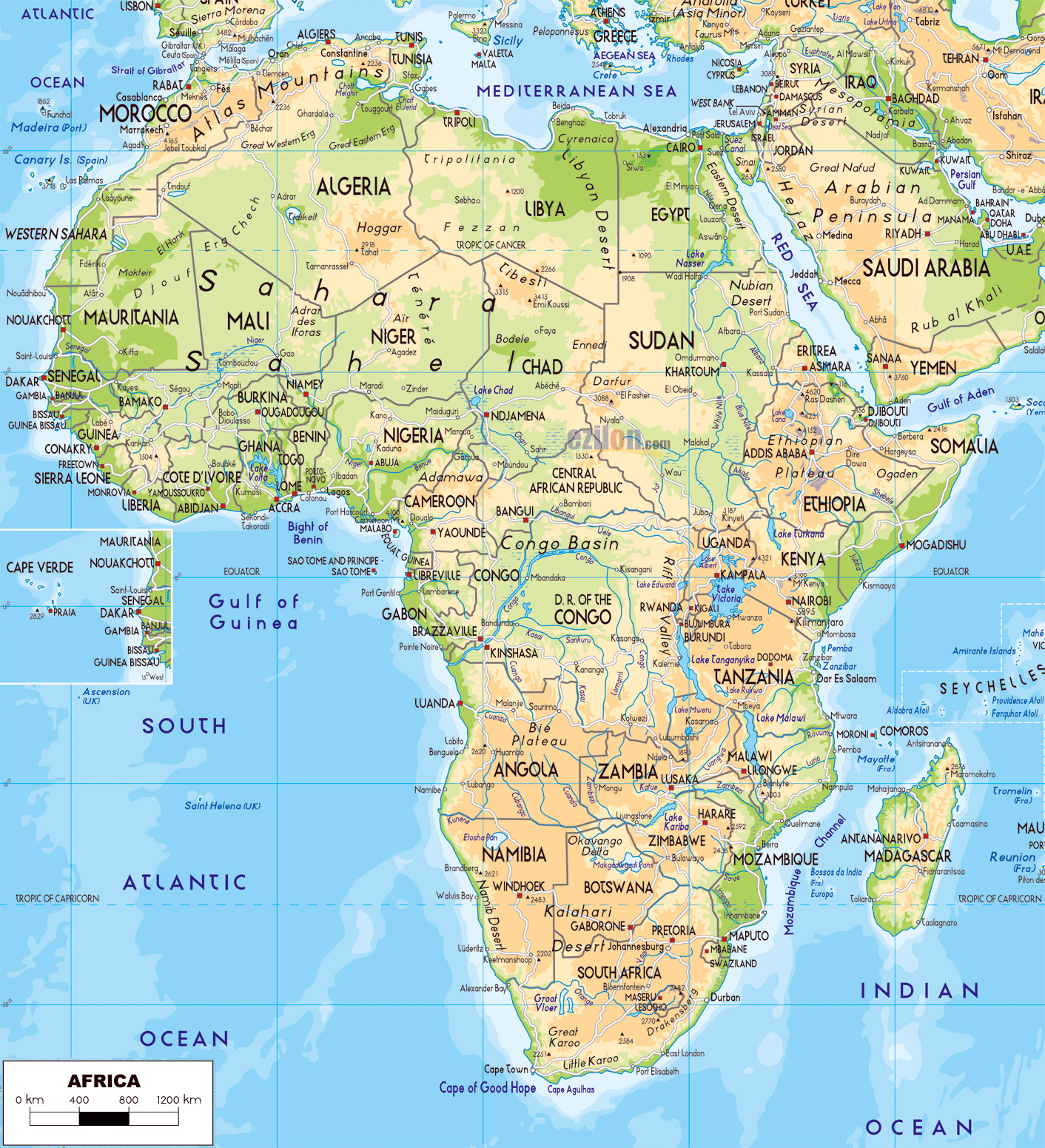 Large Detailed Physical Map Of Africa With Roads And Cities Vidiani 