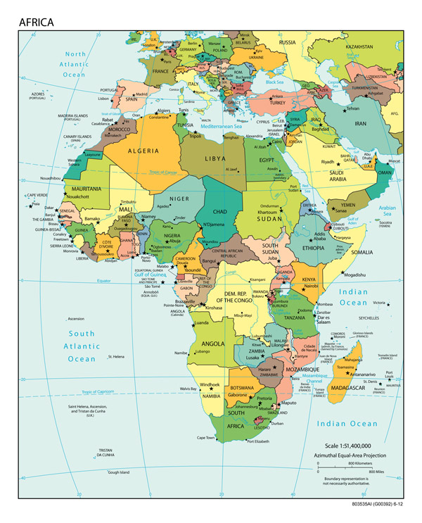 Large detailed political map of Africa with all capitals and major cities.