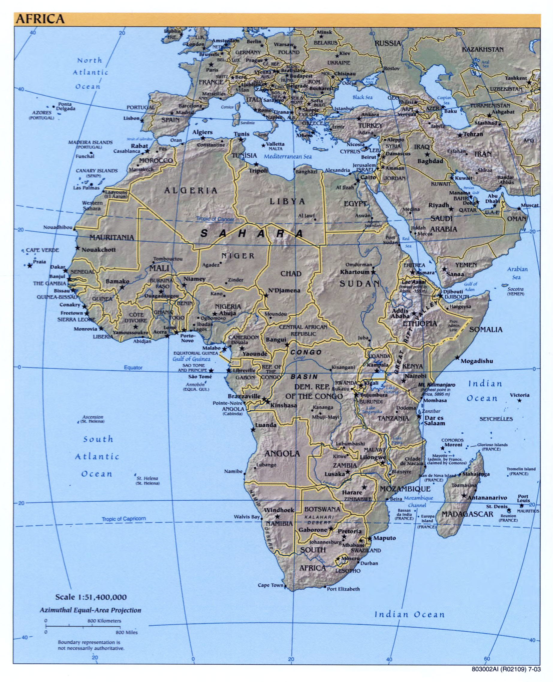 Large detailed political map of Africa with relief, capitals and major
