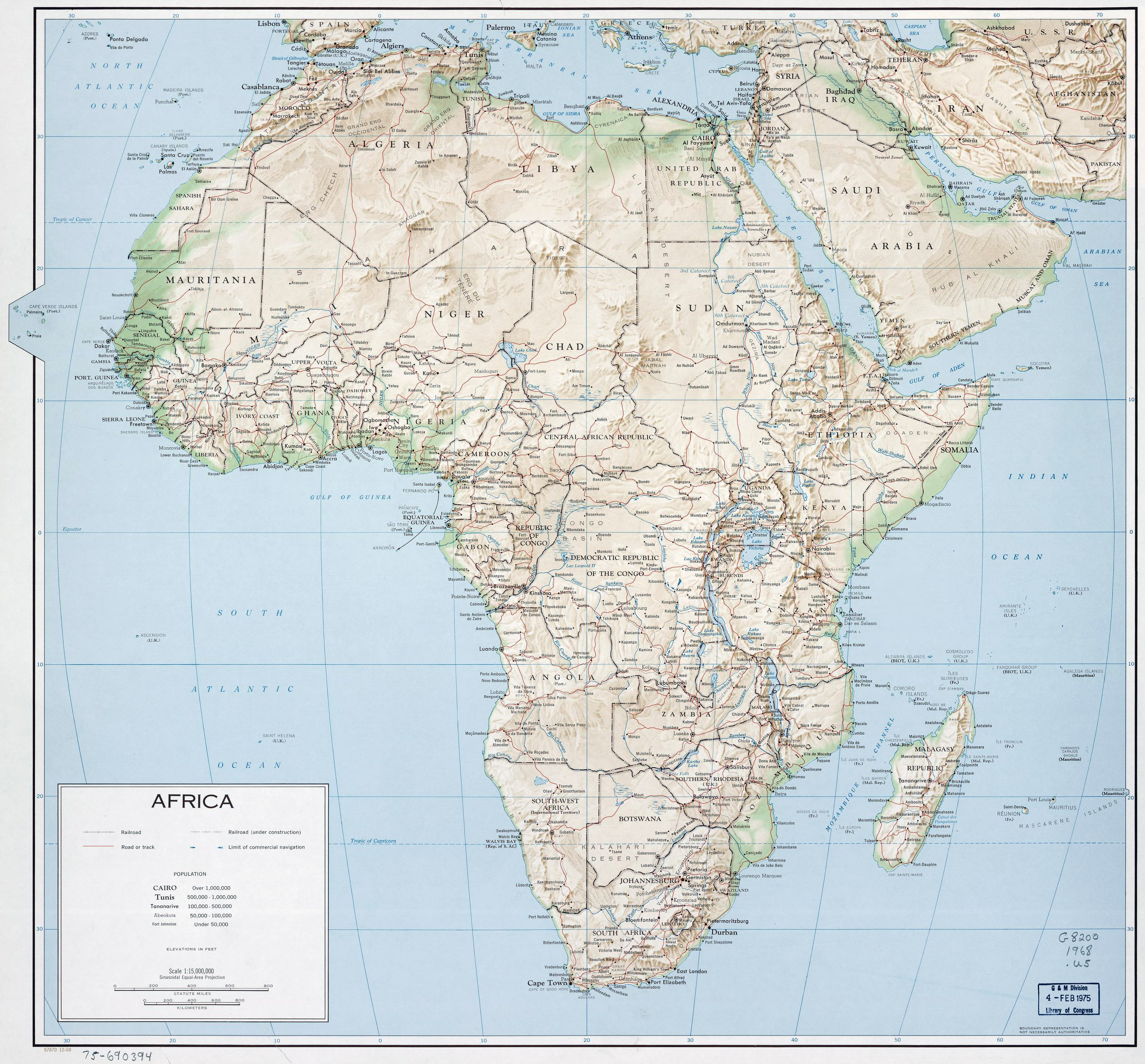 Large Political Map Of Africa With Relief Roads Railroads And Cities 1968 