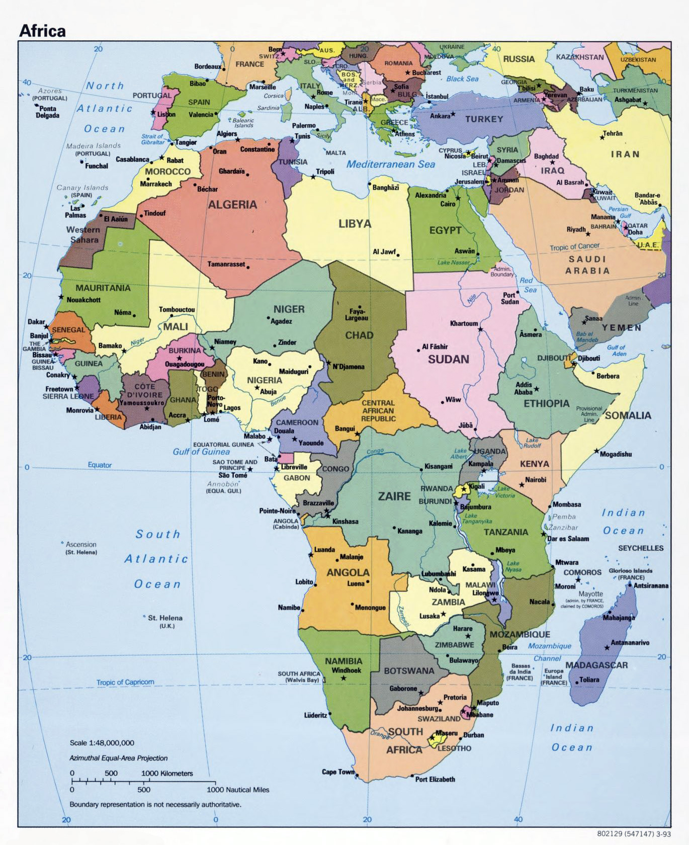 Large political map of Africa with capitals and major cities – 1993