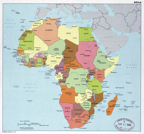 Large political map of Africa with major cities and capitals - 1981.