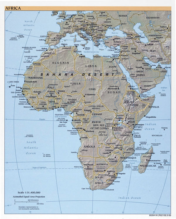 Large political map of Africa with relief and capitals - 1999.