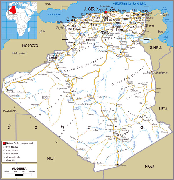 Algeria detailed political and road map. Detailed political and road map of Algeria.