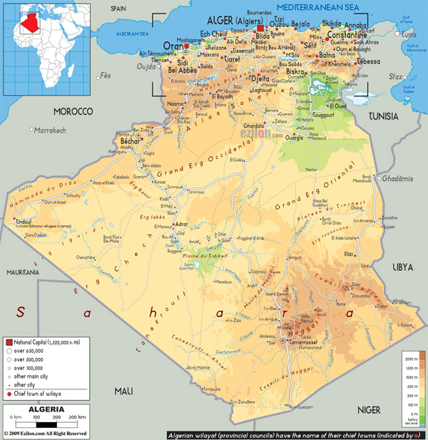 Large physical and road map of Algeria.