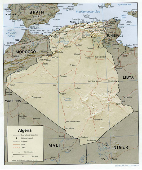 Large political and relief map of Algeria.