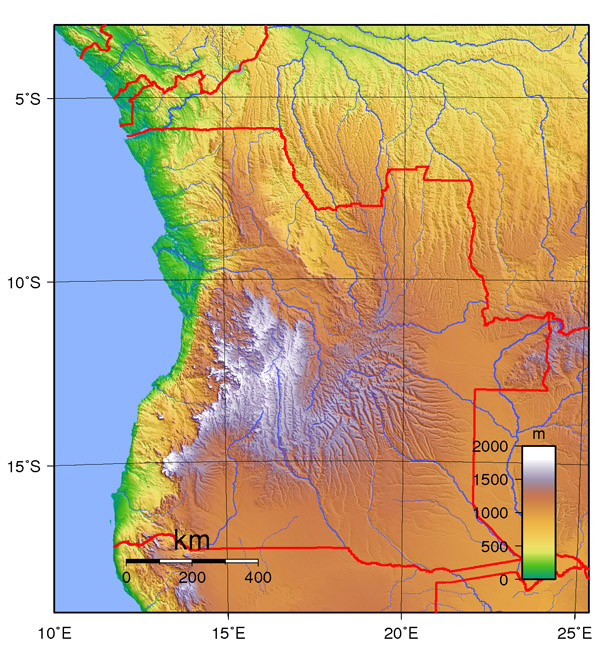 Angola physical map. Physical map of Angola