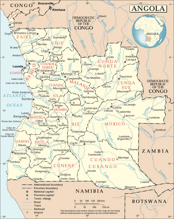 Detailed administrative map of Angola with cities and airports.