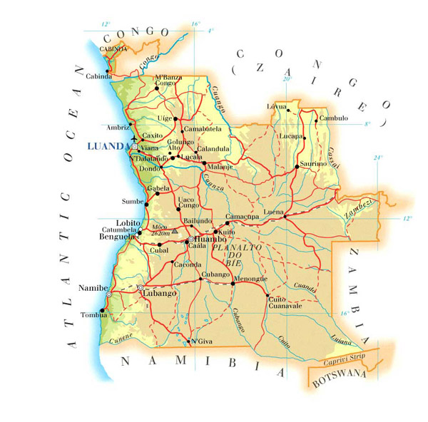 Detailed road and physical map of Angola. Angola detailed road and physical map.