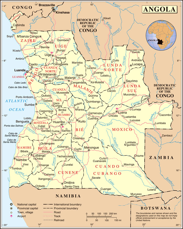 Large administrative and political map of Angola with roads. Angola large administrative and political map with roads. Large administrative and political map of Angola with roads.
