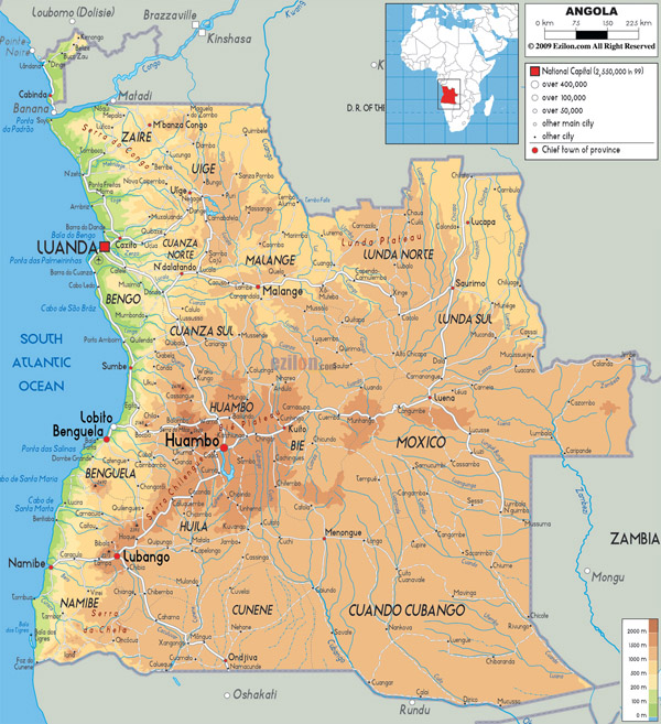 Large detailed physical map of Angola with all cities and roads.