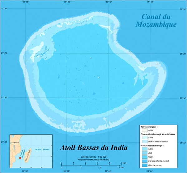 Bassas da India Atoll map Fr. Map of Bassas da India Atoll.