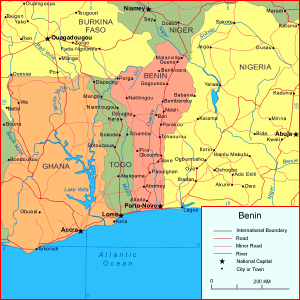 Detailed political and road map of Benin. Benin detailed political and road map.