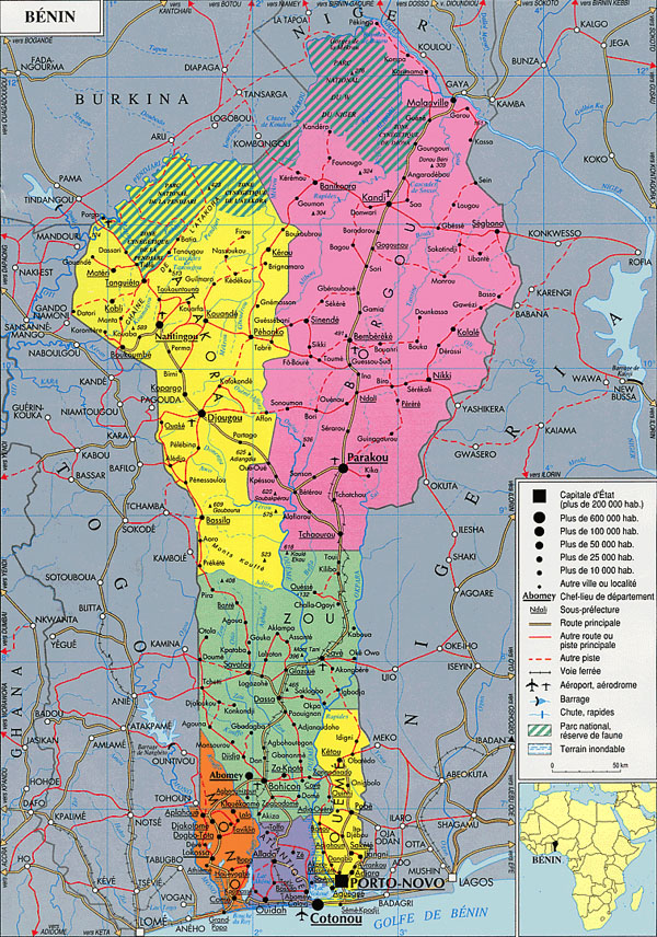 Detailed political map of Benin with all roads.