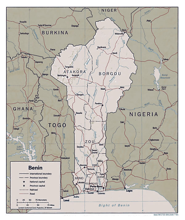 Large relief and administrative map of Benin with roads.