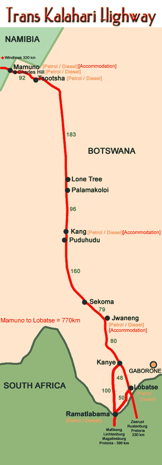 Trans-Kalahari highway map. Map of Trans-Kalahari highways.