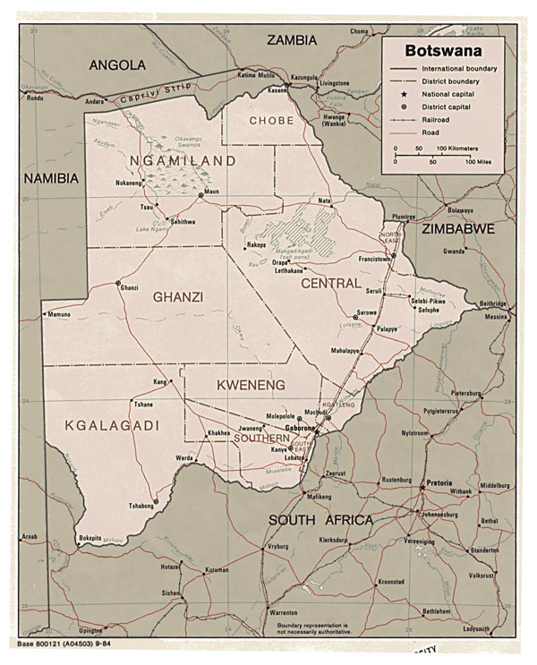 Detailed administrative map of Botswana with cities.