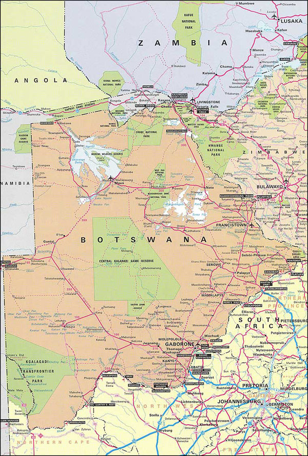 Detailed road map of Botswana. Botswana detailed road map.