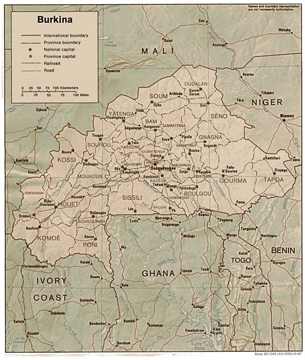 Burkina Faso detailed administrative and relief map.
