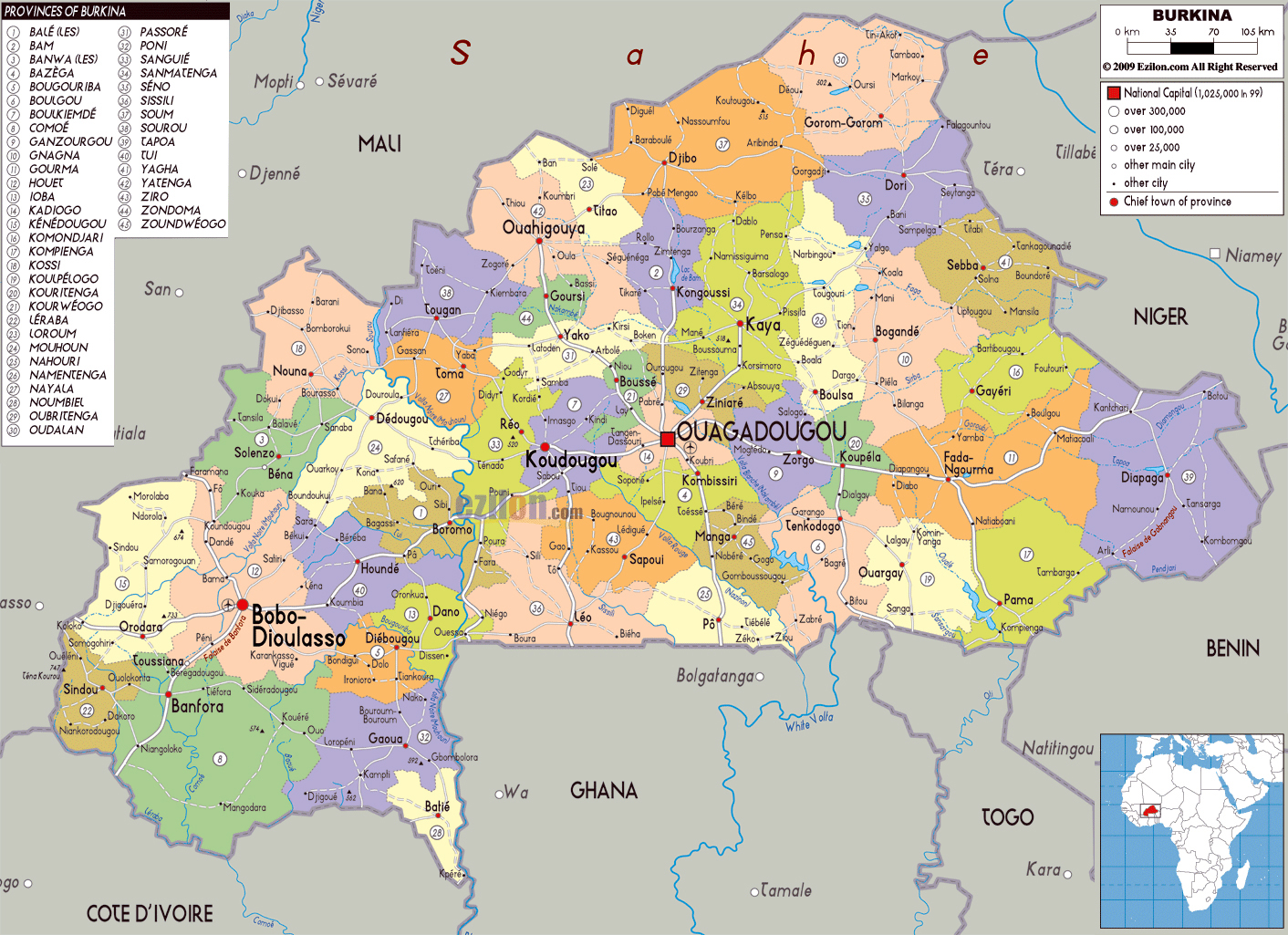 Burkina Faso Detailed Administrative Map With All Cities Detailed Administrative Map Of Burkina Faso With All Cities Vidiani Com Maps Of All Countries In One Place