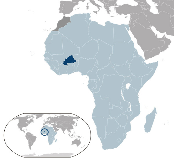 Burkina Faso location map on a map of the world.