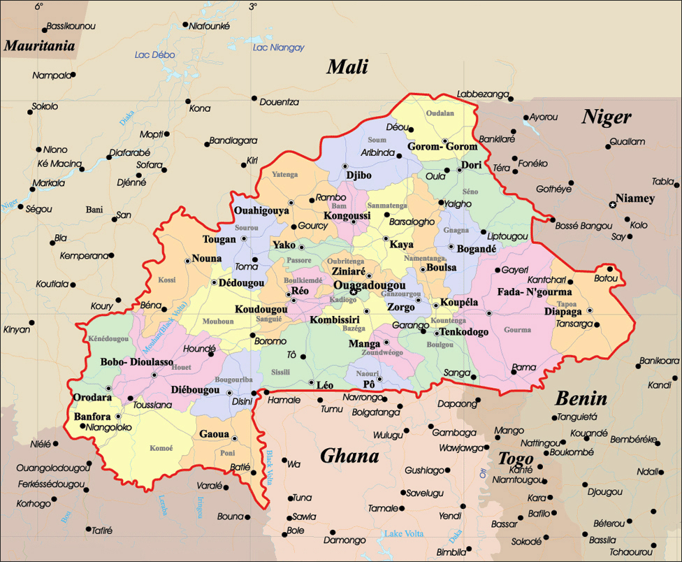 Detailed administrative map of Burkina Faso with roads and cities ...