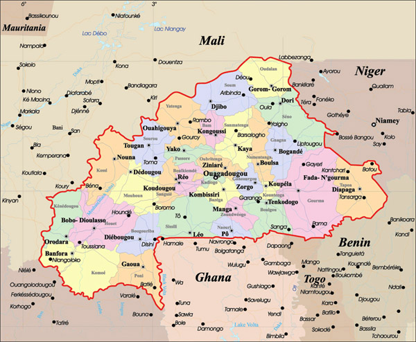 Detailed administrative map of Burkina Faso with roads and cities.