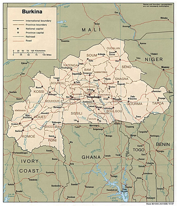 Detailed road and administrative map of Burkina Faso.