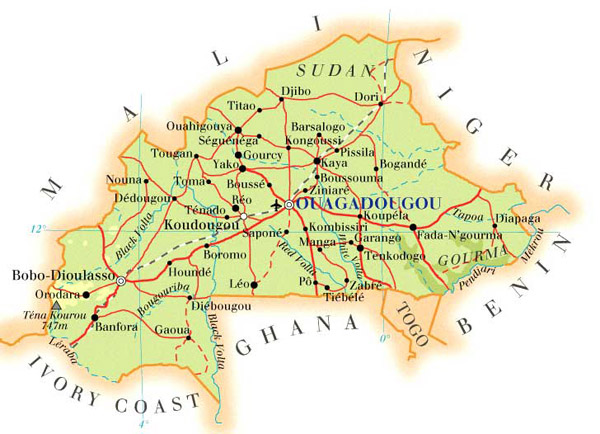 Detailed road map of Burkina Faso. Burkina Faso detailed road map.