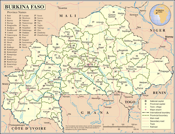 Large detailed political and administrative map of Burkina Faso with all cities and roads on the map.