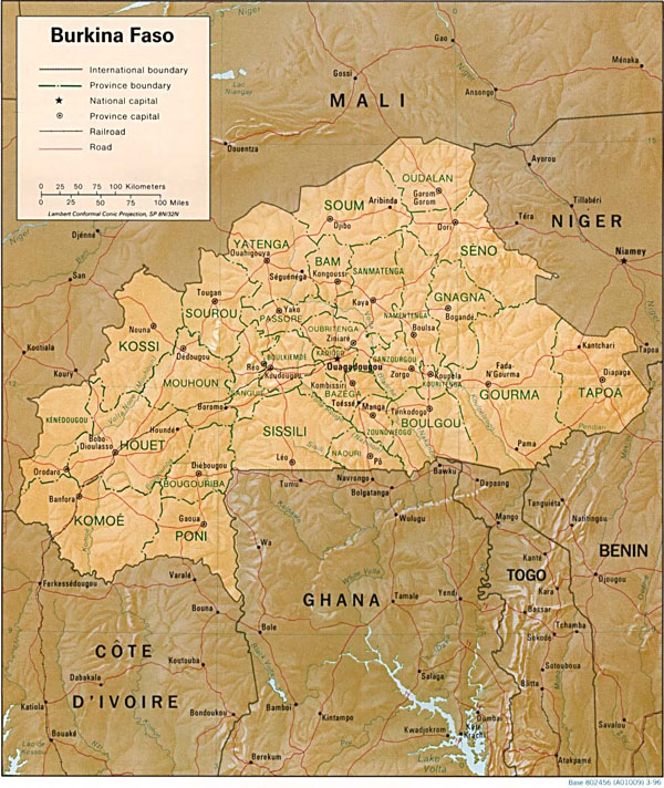 Large relief and administrative map of Burkina Faso.