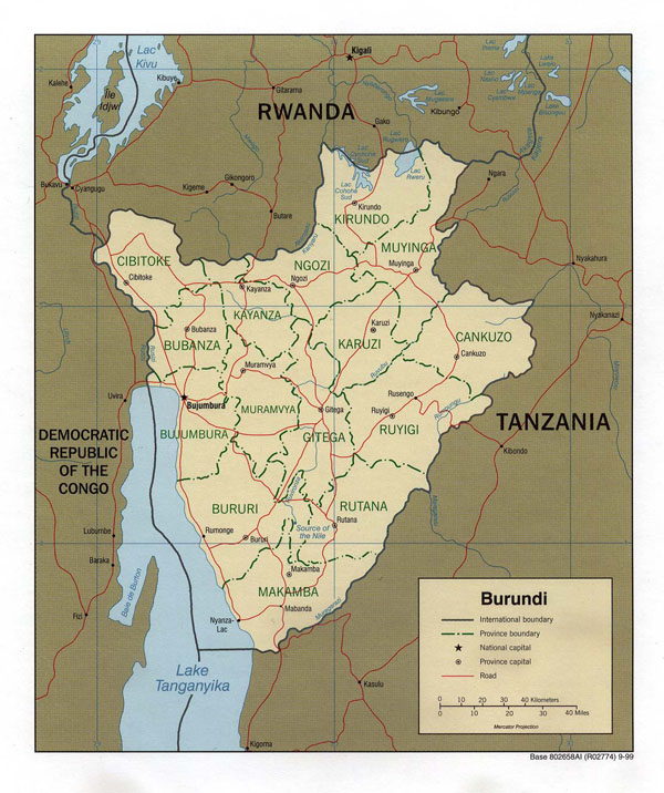 Detailed political and administrative map of Burundi.