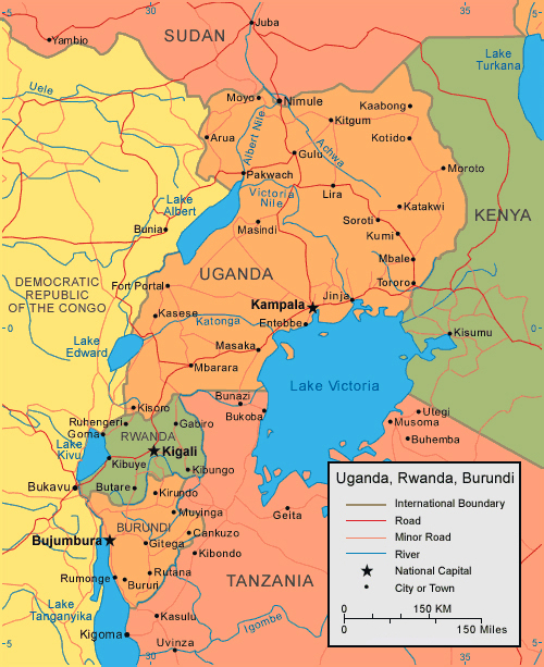 Detailed political map of Burundi, Uganda, Rwanda.