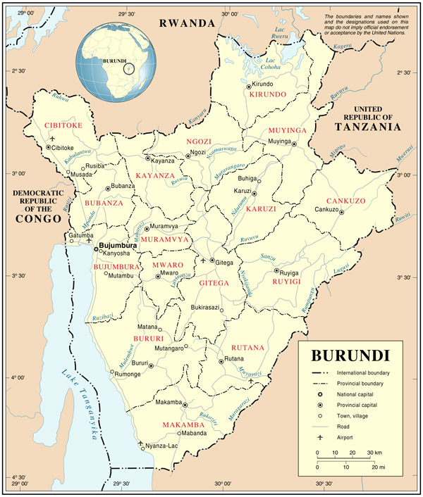 Large administrative and road map of Burundi.