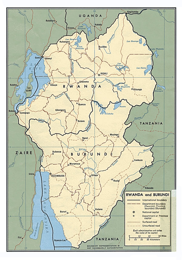 Large political map of Burundi and Rwanda with roads and cities.