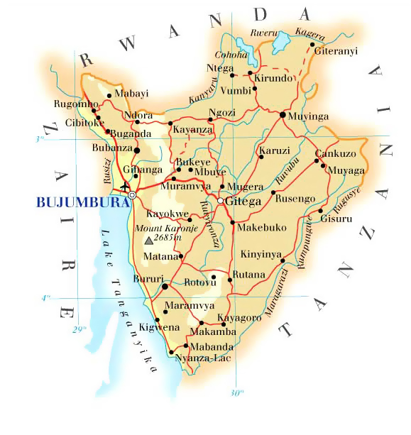 Road map of Burundi. Burundi road map.