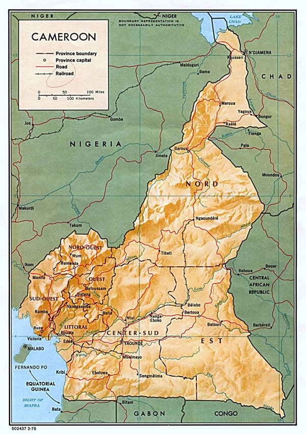 Detailed relief and administrative map of Cameroon.