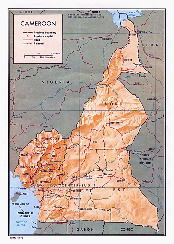 Detailed relief and administrative map of Cameroon with all cities and roads.