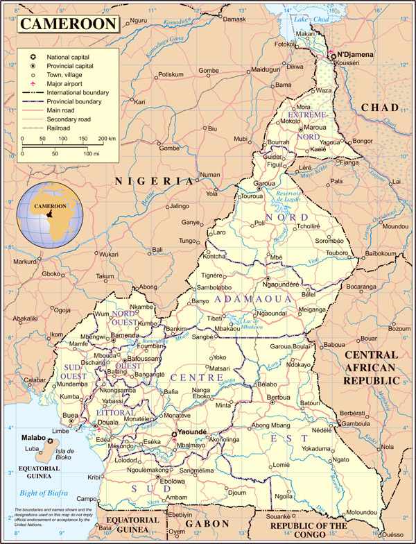 Detailed road and political map of Cameroon.