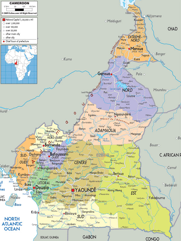 Large detailed administrative map of Cameroon with all roads, cities and airports.