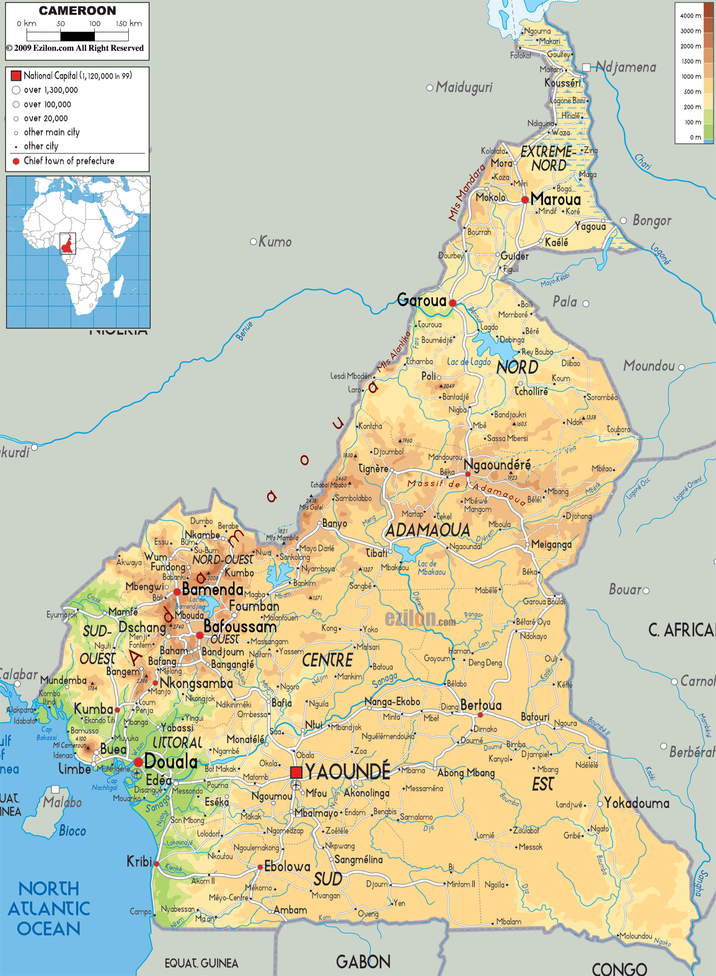 Large detailed physical map of Cameroon with all cities, airports and roads Maps