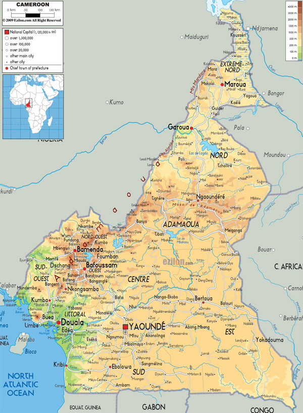 Large detailed physical map of Cameroon with all cities, airports and roads.