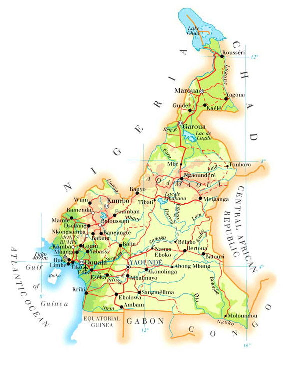 Physical and road map of Cameroon. Cameroun physical and road map.