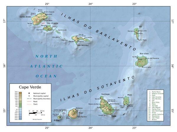 Detailed physical map of Cape Verde. Cape Verde detailed physical map.